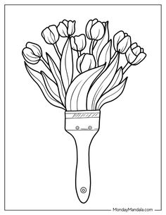 a bouquet of tulips in a paintbrush coloring page for adults and children