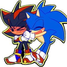 sonic and shadow hugging each other with their arms around each other's neck,