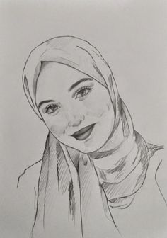 a pencil drawing of a woman wearing a headscarf and smiling at the camera