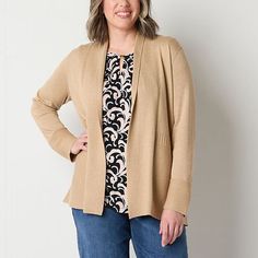 Seasonless essentials are exactly that and every wardrobe needs a cardigan like this women's open-front style from Liz Claiborne. It's made from soft cotton-knit with a shawl collar, long sleeves, and ribbed details.Closure Type: Open FrontFit: Classic FitNeckline: Open NeckSleeve Length: Long SleeveSleeve Style: Fitted SleeveApparel Length: 28 InchesFiber Content: 73% Rayon, 27% Recycled PolyesterFabric Description: KnitCollar: Shawl CollarCare: Machine Wash, Tumble DryCountry of Origin: Import Tall Sweater, Cardigan Design, Cardigan Beige, Small Sweater, Beige Cardigan, Open Front Cardigan, Shawl Collar, Liz Claiborne, Cardigans For Women