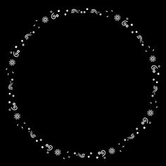 a black circle with white swirls and snowflakes in the center on a black background