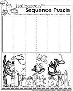 a halloween sequence puzzle with pumpkins and other things to color on the page,