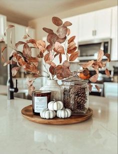 a wooden tray topped with jars filled with plants