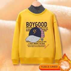 Fleece-lined Turtleneck Sweatshirt for Boy - PrettyKid Winter Letter Print Fleece Sweatshirt, Winter Fleece Sweater With Letter Print, Winter Fleece Sweatshirt With Letter Print, Yellow Letter Print Long Sleeve Sweater, Yellow Fleece Outerwear For Winter, Yellow Fleece Winter Outerwear, Yellow Long Sleeve Sweater With Letter Print, Yellow Long Sleeve Sweatshirt For Fall, Yellow Long Sleeve Hoodie