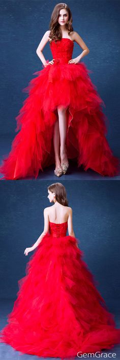 Red formal high low gown Red Strapless Dress With Sweetheart Neckline For Wedding, Red Strapless Sweetheart Neckline Dress For Wedding, Red Strapless Gown For Quinceanera, Strapless Wedding Ball Gown With Ruffles, Red Strapless Ball Gown For Wedding, Strapless Ruffled Ball Gown For Wedding, Red Gown With Ruffles And Sweetheart Neckline, Red Gown With Sweetheart Neckline And Ruffles, Red Ruffled Dress For Debutante Ball