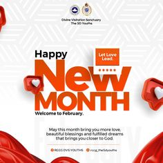 an advertisement for new month's sales with hearts in the air and text that reads, happy new month welcome to february