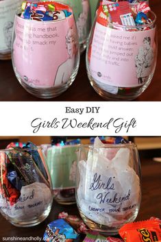 two glasses with candy in them and the words easy diy gifts weekend gift inside