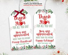 two christmas gift tags with the words thank you for all you do