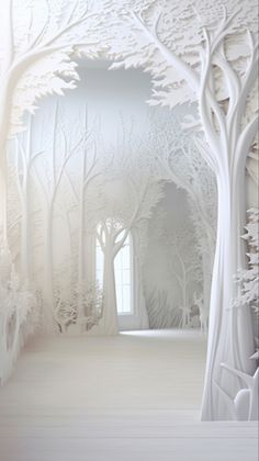 a white room with trees and windows in the wall, as if it were cut out from paper