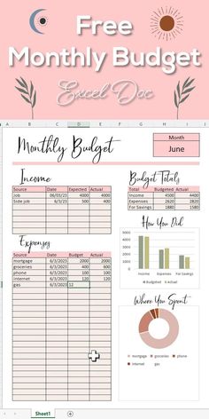 the free printable budget sheet is shown in pink and white with green leaves on it