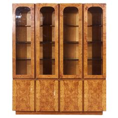 an art deco bookcase with glass doors and shelves in the front, on display