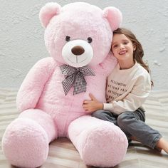 Our MaoGoLan giant teddy bear is 47" in height. This bear is made of Eco-friendly polyester material. Its fluffy body makes this large bear comfortable to hug. This stuffed bear is a wonderful idea for a sweet decoration in the bedroom or a baby shower party. This big bear is a wonderful gift to send to your girlfriend, daughter, or someone special on Christmas, birthday, or other important anniversaries. Size: 47".  Color: Pink. Huge Teddy Bears, Huggable Teddy Bear, Big Stuffed Animal, Pink Stuffed Animals, Giant Plush, Kids Teddy Bear, Frog Plush, Large Stuffed Animals, Big Teddy