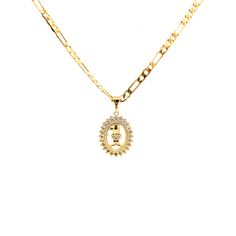 Make yourself the center of attention with this adorable little boy necklace. It features a Kid pendant with many Zirconia Stones around it. The necklace features a 22-inches Figaro link chain in 14K gold-filled metal. It is a great gift for this coming Mother’s Day celebration. Chain Length: 22 inches Thickness: 4 mm Link style: Mariner link, Valentino style Finish: 14k Gold filled Water resistant Lead and Nickel Free Safe to any skin type Yellow Gold Figaro Chain Necklace With Initial Pendant, Gold Figaro Chain Necklace With Initial Pendant, Figaro Chain Link Charm Necklace, Gold Pendant Jewelry With Figaro Chain, Gold Oval Pendant Chain Jewelry, Yellow Gold Initial Pendant With Figaro Chain, Yellow Gold Figaro Chain Round Pendant Jewelry, Yellow Gold Jewelry With Figaro Chain And Round Pendant, Yellow Gold Jewelry With Oval Pendant