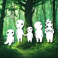 an alien family standing in the middle of a forest