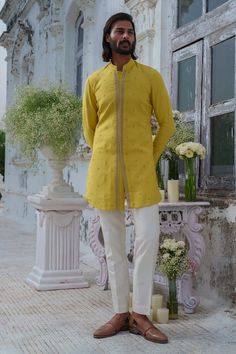 Lime green full sleeves kurta with bullian leaf motif beaded embroidery. Paired with an ivory trouser. - Aza Fashions Trouser For Men, Trouser Pattern, Leaf Motif, Band Collar, Full Sleeves, Green Cotton, Cotton Silk, Aza Fashion, Beaded Embroidery