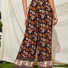 Wide Boho Pants Chic Black Floral Print Pants, Black Bohemian Wide Leg Pants, Bohemian Black Pants, Bohemian Black Straight Pants, Bohemian Style Black Straight Pants, Black Bohemian Straight Pants, Black Floral Print Wide Leg Pants, Black Floral Print High-waisted Pants, Casual Black Floral Print Pants