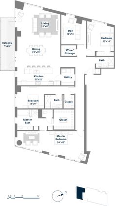 the floor plan for an apartment with three bedroom and two bathroom areas, including one living room