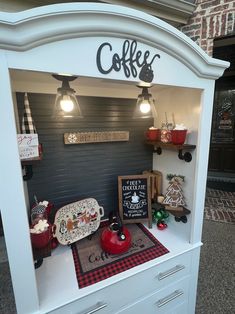 a display case with coffee related items on it