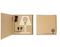 an open cardboard box with a lamp inside