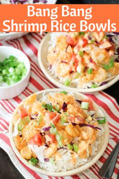 two plates filled with shrimp rice bowls on top of a red and white striped table cloth