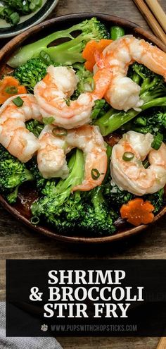 shrimp and broccoli stir fry in a bowl with chopsticks on the side