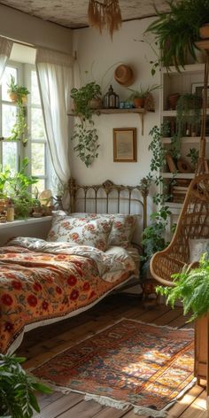 a bedroom with lots of plants in it