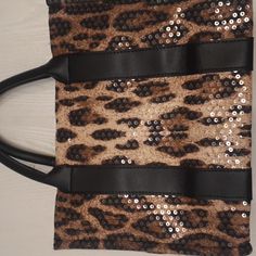 Brand New Brown Leopard Print Shoulder Handbag With Sequins And Faux Leather With Just The Right Amount Of Bling. Casual Brown Bags For Parties, Party Brown Shoulder Bag With Handles, Party Shoulder Bag In Brown With Handles, Brown Party Shoulder Bag With Handles, Trendy Satchel With Leather Backing, Trendy Satchel Bag With Leather Backing, Trendy Leather-backed Shoulder Bag, Trendy Brown Shoulder Bag With Leather Backing, Brown Shoulder Bag With Top Carry Handle For Party