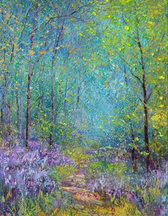 a painting of trees and flowers in the woods