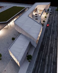 an aerial view of a building at night