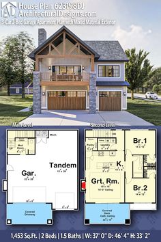 two story house plan with 3 car garage and attached living area, on the first floor