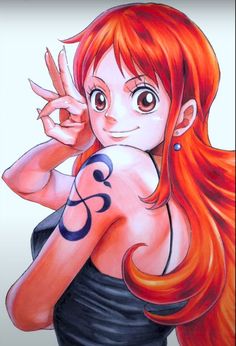 a drawing of a girl with long red hair and tattoos on her arm making the peace sign