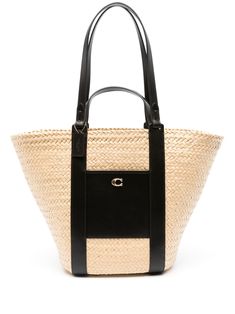 light beige/black paper raffia interwoven design leather trim gold-tone logo plaque front patch pocket two top handles two flat shoulder straps main compartment internal zip-fastening pocket unlined open top Straw Beach Tote, Coach Tote Bags, Straw Tote Bag, Coach Logo, Coach Tote, Laptop Rucksack, Straw Tote, Basket Bag, Black Tote