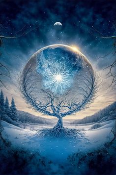 a painting of a tree in the middle of a snow covered field with moon and stars