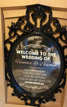 the welcome sign to the wedding of henry and stephanie is displayed in an ornate frame