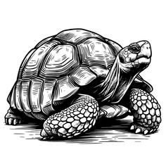 a black and white drawing of a tortoise on the ground with it's head