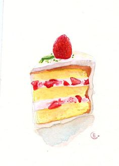 a drawing of a piece of cake with strawberries on top