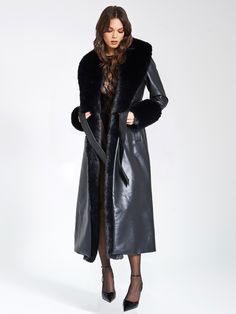 Indulge in opulence with our high quality Zaida Black Faux Fur Trim Vegan Leather Coat. This stunning maxi coat exudes luxury, adorned with puffy fur trim along the neckline and sleeve openings. Crafted from premium vegan leather and soft faux fur, it is fully lined for comfort. The coat features a large snap inside the center waist, along with belt loops and a slender leather belt for effortless closure. Versatile and chic, it adds a touch of sophisticated glamour to any special occasion. Choos Black Fur Jacket Outfit, Spain Winter, Faux Fur Outfit, Elegant Outfits, Maxi Coat, Creative Stuff, Maxi Dress Cocktail, Black Vegan, Black Faux Fur