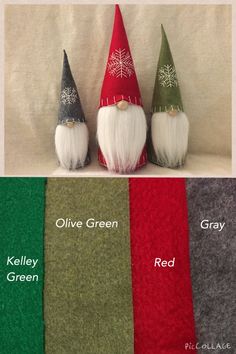 three gnome hats with different colors and sizes are shown in the same color palettes