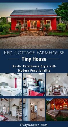 red cottage farmhouse house is featured in this postcard for the tiny farm style with modern functionality