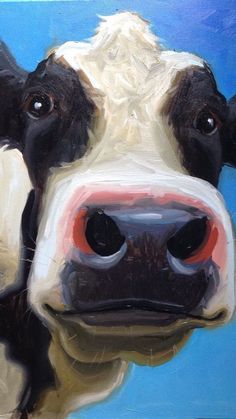 a painting of a black and white cow's face