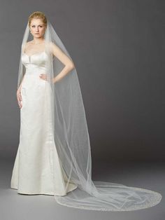 a woman in a wedding dress with a veil on her head