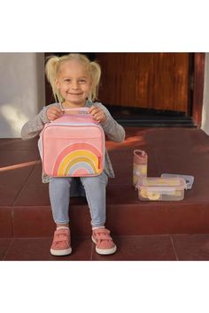 The rainbows & sunshine super zippee lunch tote features one large rainbow on a soft pink background! The super zippee is sized just right for hungry little kids or parents and baby on the go! Great for days when you need to pack snacks, lunch and a water bottle. Think school, daycare, adventures and more! Size (inches): 9 w x 8 h x 5.50 dDesign features: * insulated to keep food fresh * 3 pockets * clip your water bottle on or put it in the side pocket * carrying handle and zipper closure makin Playful Multicolor Lunch Box For Playtime, Playful Multicolor Lunch Box For Daycare, Cute Multicolor Lunch Box For Everyday Use, Cute Multicolor Lunch Bag For Playtime, Cute Pink Lunch Bag For Back To School, Playful Multicolor Lunch Bag, Playful Multicolor Lunch Bag For Playtime, Pink Lunch Bag With Zipper For School, Pink Fun Lunch Bag For Everyday Use