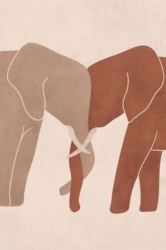 two elephants standing next to each other in front of a white background with brown and tan colors