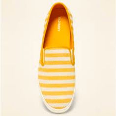 Nwt Yellow And White Striped Textured Slip On Sneakers These Are Adorable Textured Slip On Women Shoes With White And Yellow Stripes. They Kind Of Have An Espadrilles Feel. They Have A Cushioned Sole Made With Memory Foam So You Feel Like You’re Walking On Fluffy Little Clouds. They Are Size 9. They Are The 1994 Old Navy Slip Ons. Beach, Summer, Vacation, Travel, Memory Foam, Walking, Running, Mom, Mother’s Day, Gift, Nautical, Sailing, Spring, Preppy, Casual, Lightweight, Comfortable, Versatile Sporty Yellow Sneakers With Textured Sole, Casual Yellow Sneakers With Textured Sole, Mustard Sporty Sneakers For Spring, Yellow Slip-on Low-top Sneakers, Sporty Mustard Sneakers For Spring, Yellow Sneakers With Rubber Sole For Spring, Mustard Low-top Sneakers For Spring, Yellow Slip-on Sneakers With Rubber Sole, Yellow Sneakers With Textured Sole And Round Toe