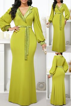 Radiate sophistication with Rosewe's Mustard Yellow Maxi Bodycon Dress 💛. This elegant piece features a lapel neckline, bishop sleeves, and a velvet patchwork design with a stylish tie belt. Ideal for evening occasions, it's made of 97% polyester and 3% spandex for a comfortable yet flattering fit. #Rosewe #MustardYellow #VelvetDress #MaxiBodycon #ElegantEvening #BishopSleeves #LapelNeckline #FashionTie #PartyDress #ChicStyle 🌟👗 Velvet Patchwork, Dinner Dresses, Designer Kurti Patterns, Kurti Patterns, Yellow Maxi, Designer Kurti