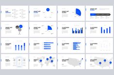 a large number of blue and white powerpoint presentation templates on a gray background