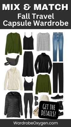 Get Inspiration from our Mix & Match Fall Travel Capsule Wardrobe for your fall travel plans. Pack 12 versatile looks in one carry-on by blending unexpected pieces, such as cozy cashmere with athletic leggings or trendy distressed denim with washable silk. This chic black and dark green palette effortlessly transitions from casual to classy. Complete your outfits with standout accessories for a confident finish. Travel smart and stylish this fall with these essential wardrobe pieces! Dark Green Palette, Capsule Wardrobe Checklist, Essential Wardrobe Pieces, Carryon Bag, Travel Smart, Capsule Wardrobe Essentials