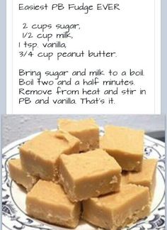 a white plate topped with pieces of cake next to a recipe for fudge ever