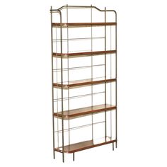 a metal and wood shelf with three shelves on each side, against a white background