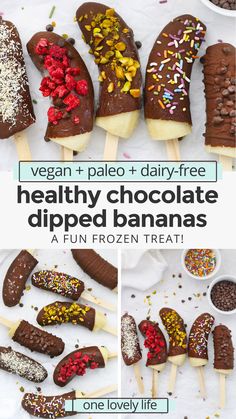 chocolate dipped bananas with sprinkles on them and the words vegan + pale - free healthy chocolate dipped bananas